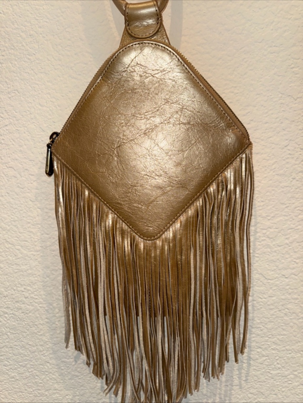 HOBO Brand Fringed Wristlet Purse Hand Bag Western Gold Leather & Fringe Concert